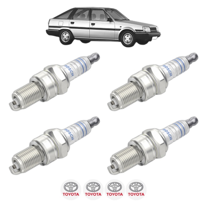 Set 4 Bujii Scanteie TOYOTA CARINA IV (_T15_) 1.6 (AT151_, AT151R) 84 CP din 1983 - 1987, bujie motor, Bosch, 4x Stickere auto cu TOYOTA