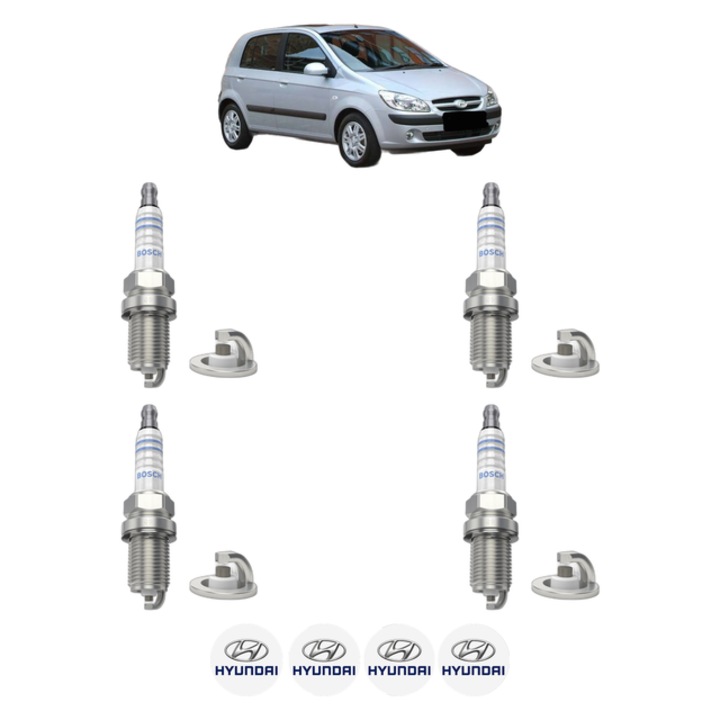 Set 4 Bujii Scanteie HYUNDAI GETZ (TB) 1.6 106 CP din 2005 - 2009, bujie motor, Bosch, 4x Stickere auto cu HYUNDAI
