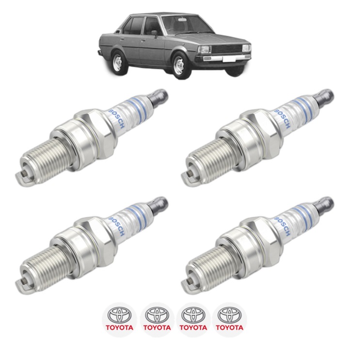 Set 4 Bujii Scanteie TOYOTA COROLLA (_E7_) 1.3 (KE70) 60 CP din 1979 - 1983, bujie motor, Bosch, 4x Stickere auto cu TOYOTA
