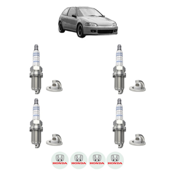 Set 4 Bujii Scanteie HONDA CIVIC V Hatchback (EG, EH) 1.5 i 16V (EG4) 94 CP din 1991 - 1995, bujie motor, Bosch, 4x Stickere auto cu HONDA