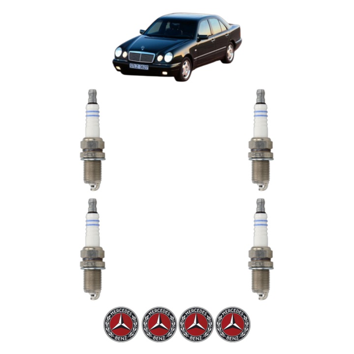 Set 4 Bujii Scanteie MERCEDES-BENZ E-CLASS (W210) E 280 (210.053) 193 CP din 1996 - 1997, bujie motor, Bosch, 4x Stickere auto cu MERCEDES-BENZ