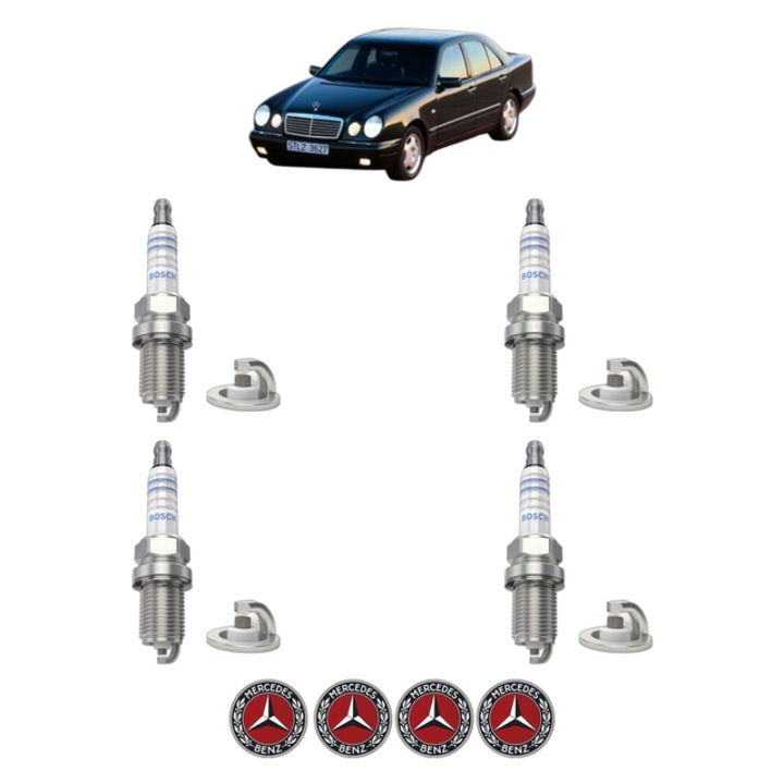 Set 4 Bujii Scanteie MERCEDES-BENZ E-CLASS (W210) E 230 (210.037) 150 CP din 1995 - 1997, bujie motor, Bosch, 4x Stickere auto cu MERCEDES-BENZ