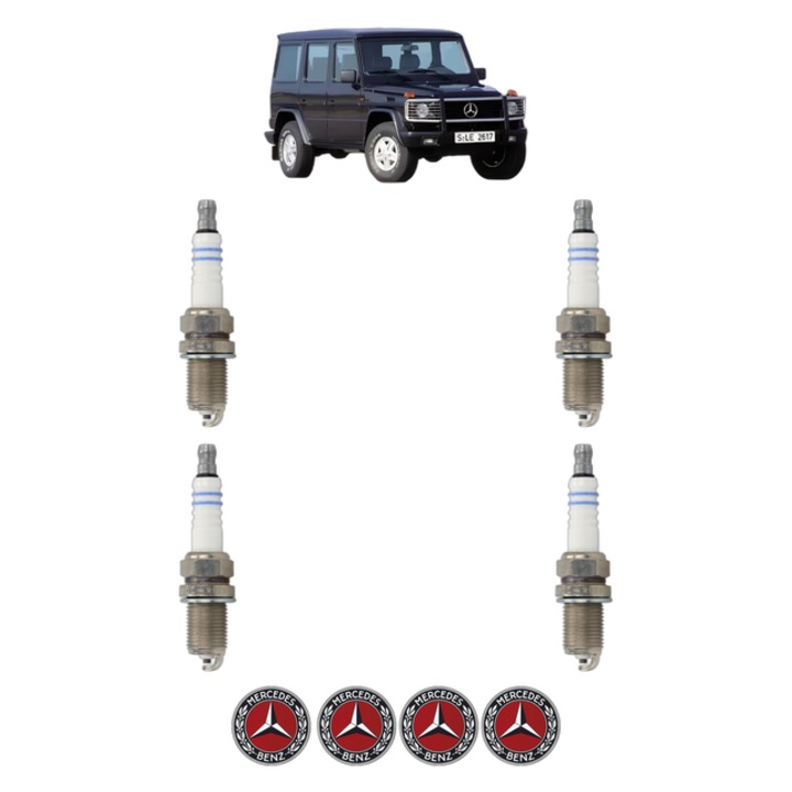 Set 4 Bujii Scanteie MERCEDES-BENZ G-CLASS (W463) G 320 (463.230, 463.231) 211 CP din 1994 - 1997, bujie motor, Bosch, 4x Stickere auto cu MERCEDES-BENZ