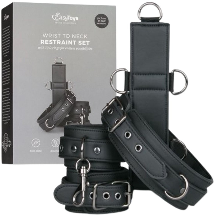 Set ham cu guler si catuse pentru jocuri bondage si BDSM, EasyToys, negru, dimensiuni ajustabile