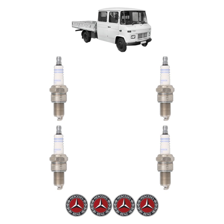 Set 4 Bujii Scanteie MERCEDES-BENZ T2/L Platform/Chassis LK 408 G, LK 409 (309.040, 309.041, 309.044) 90 CP din 1975 - 1982, bujie motor, Bosch, 4x Stickere auto cu MERCEDES-BENZ