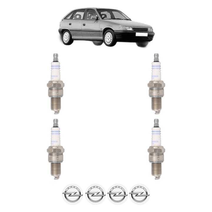 Set 4 Bujii Scanteie OPEL ASTRA F Saloon (T92) 1.8 i 16V (F19, M19) 112 CP din 1995 - 1996, bujie motor, Bosch, 4x Stickere auto cu OPEL