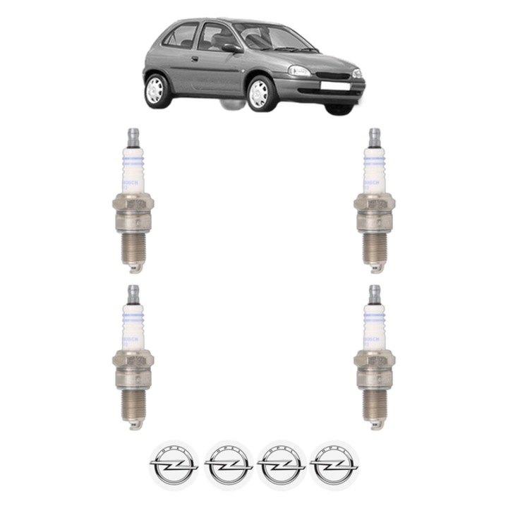 Set 4 Bujii Scanteie OPEL CORSA B (S93) 1.2 i (F08, F68, M68) 45 CP din 1993 - 2000, bujie motor, Bosch, 4x Stickere auto cu OPEL