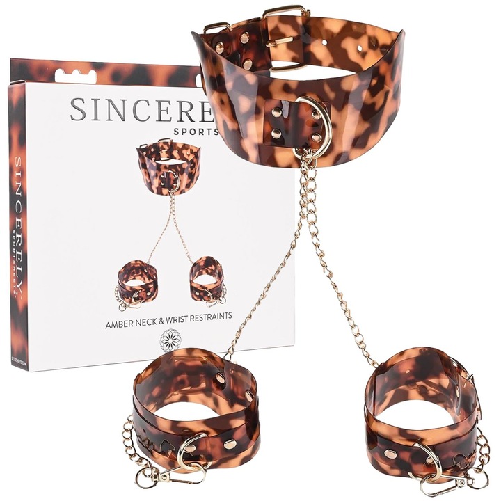 Set guler si mansete pentru constrangere BDSM, Sportsheets, chihlimbar, 50% PVC, 45% fier, 5% aliaj de zinc