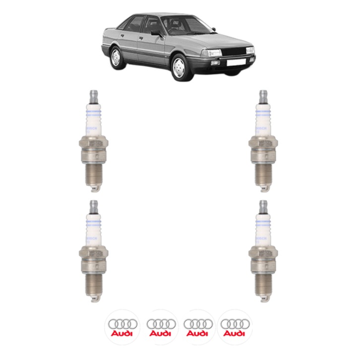Set 4 Bujii Scanteie AUDI 80 B3 Saloon (893, 894, 8A2) 2.0 E 113 CP din 1988 - 1990, bujie motor, Bosch, 4x Stickere auto cu AUDI