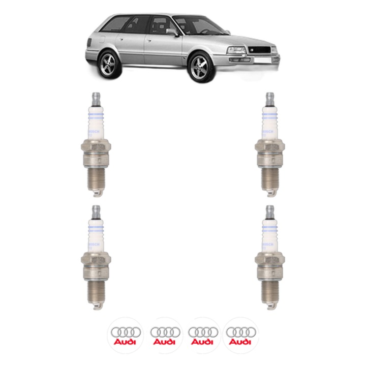 Set 4 Bujii Scanteie AUDI 80 B4 Avant (8C5) 2.3 E 133 CP din 1992 - 1996, bujie motor, Bosch, 4x Stickere auto cu AUDI