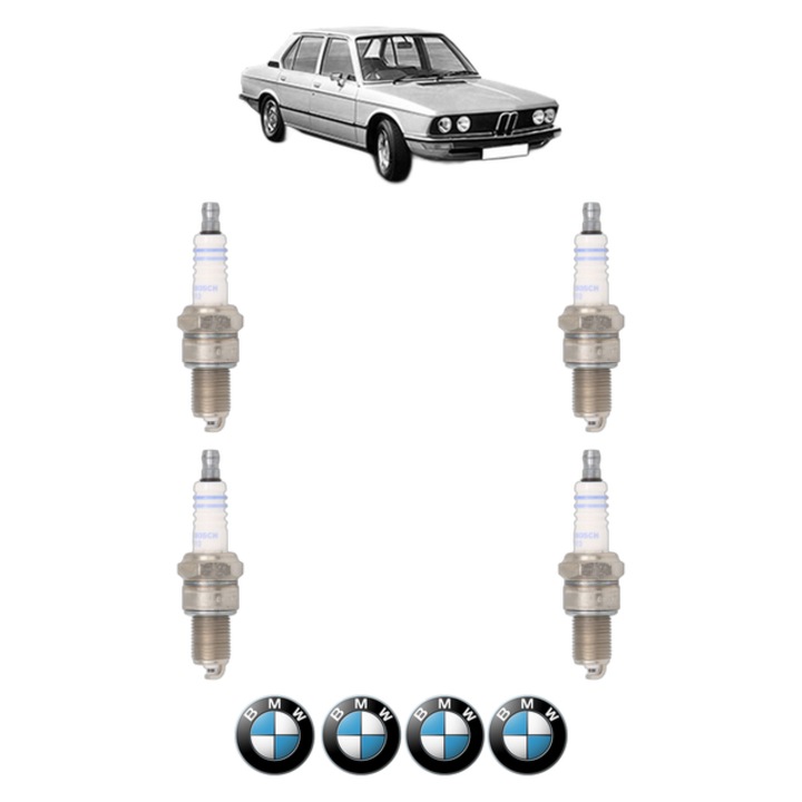 Set 4 Bujii Scanteie BMW Seria 5 (E12) 528 170 CP din 1975 - 1977, bujie motor, Bosch, 4x Stickere auto cu BMW
