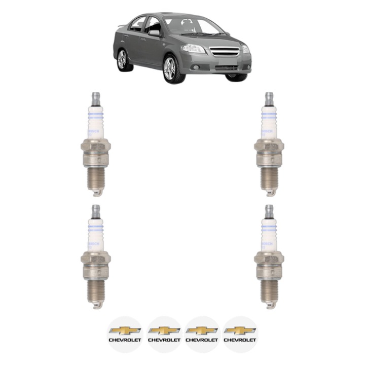 Set 4 Bujii Scanteie CHEVROLET AVEO / KALOS Saloon (T250, T255) 1.4 83 CP din 2005, bujie motor, Bosch, 4x Stickere auto cu CHEVROLET