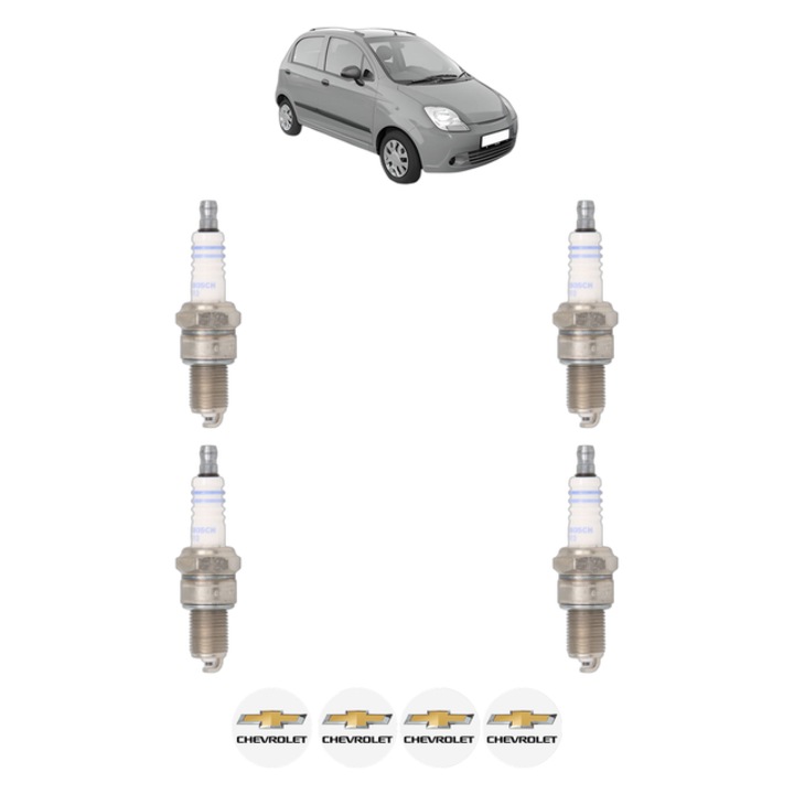 Set 4 Bujii Scanteie CHEVROLET SPARK 0.8 50 CP din 2005 - 2010, bujie motor, Bosch, 4x Stickere auto cu CHEVROLET
