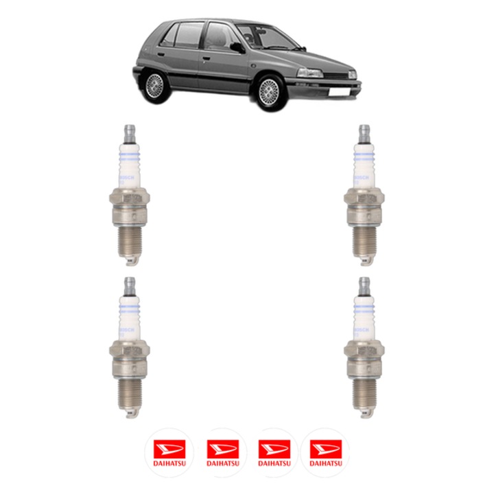 Set 4 Bujii Scanteie DAIHATSU CHARADE III (G100, G101, G102) 1.0 (G100) 52 CP din 1987 - 1992, bujie motor, Bosch, 4x Stickere auto cu DAIHATSU