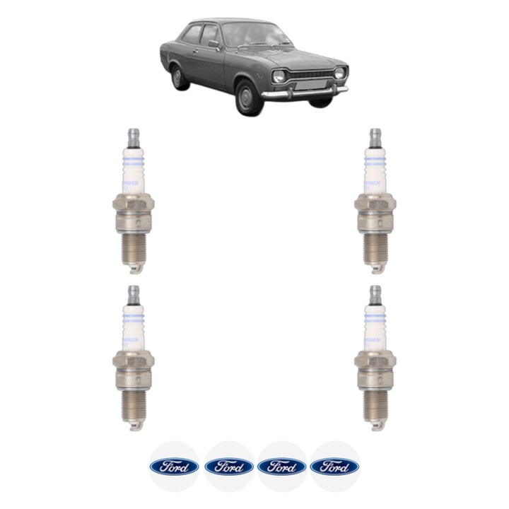 Set 4 Bujii Scanteie FORD ESCORT II (ATH) 1.1 46 CP din 1975 - 1980, bujie motor, Bosch, 4x Stickere auto cu FORD