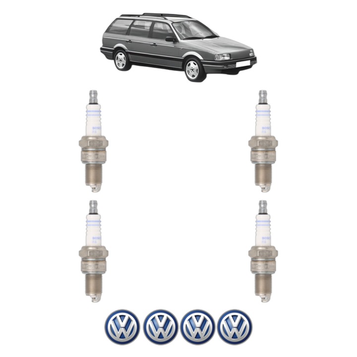 Set 4 Bujii Scanteie Volkswagen PASSAT B3/B4 Variant (3A5, 35I) 1.6 75 CP din 1988 - 1991, bujie motor, Bosch, 4x Stickere auto cu Volkswagen