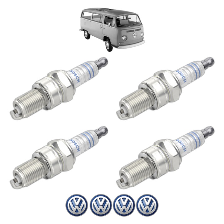 Set 4 Bujii Scanteie Volkswagen TRANSPORTER T2 Bus (22, 23, 24) 1.8 68 CP din 1973 - 1975, bujie motor, Bosch, 4x Stickere auto cu Volkswagen
