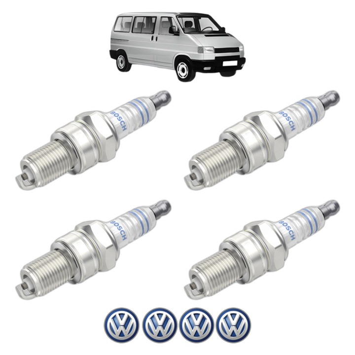 Set 4 Bujii Scanteie Volkswagen TRANSPORTER T4 Bus (70B, 70C, 7DB, 7DK, 70J, 70K, 7DC, 7DJ) 2.5 Syncro 110 CP din 1992 - 2003, bujie motor, Bosch, 4x Stickere auto cu Volkswagen