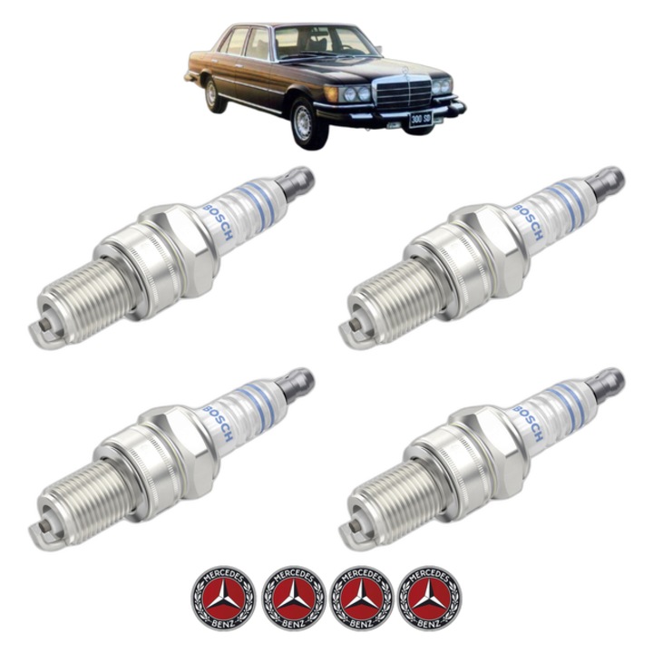 Set 4 Bujii Scanteie MERCEDES-BENZ S-CLASS (W116) 450 SEL 6.9 (116.036) 286 CP din 1975 - 1980, bujie motor, Bosch, 4x Stickere auto cu MERCEDES-BENZ