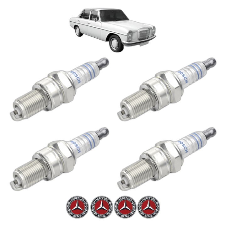 Set 4 Bujii Scanteie MERCEDES-BENZ /8 (W115) 220 (115.010) 105 CP din 1968 - 1973, bujie motor, Bosch, 4x Stickere auto cu MERCEDES-BENZ