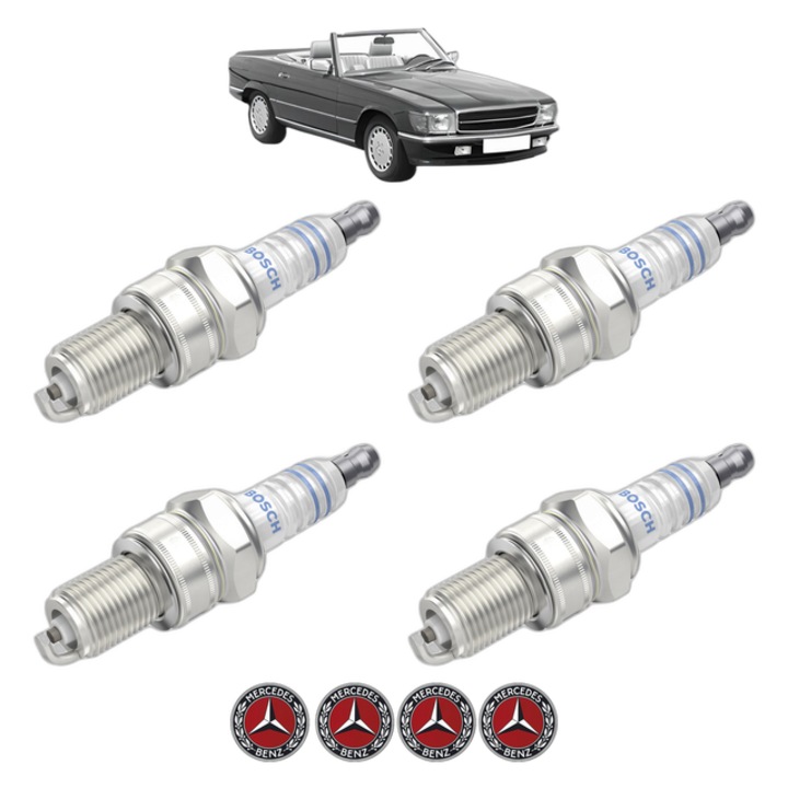 Set 4 Bujii Scanteie MERCEDES-BENZ SL (R107) 500 SL (107.046) 223 CP din 1986 - 1989, bujie motor, Bosch, 4x Stickere auto cu MERCEDES-BENZ