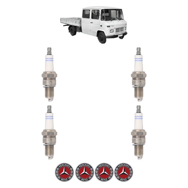 Set 4 Bujii Scanteie MERCEDES-BENZ T2/L Platform/Chassis L 408 G (309.000, 309.001, 309.002, 309.003, 309.011,... 85 CP din 1972 - 1974, bujie motor, Bosch, 4x Stickere auto cu MERCEDES-BENZ