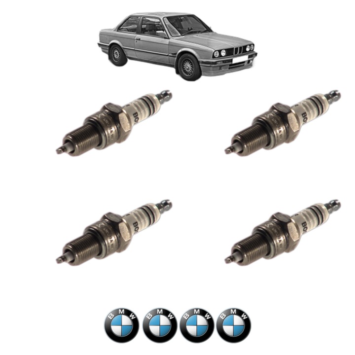 Set 4 Bujii Scanteie BMW Seria 3 (E30) 320 i 129 CP din 1986 - 1991, bujie motor, Bosch, 4x Stickere auto cu BMW