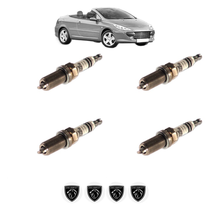 Set 4 Bujii Scanteie PEUGEOT 307 CC (3B) 2.0 16V 136 CP din 2003 - 2005, bujie motor, Bosch, 4x Stickere auto cu PEUGEOT