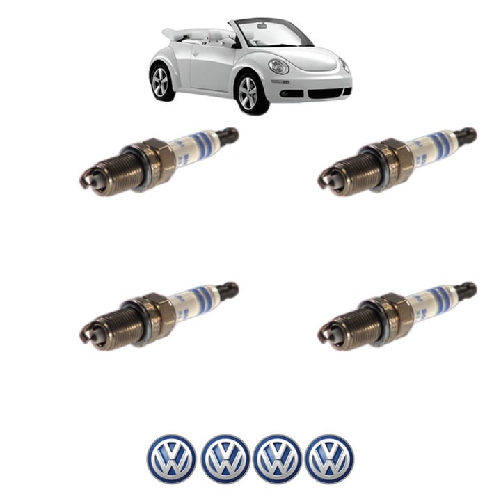 Set 4 Bujii Scanteie Volkswagen NEW BEETLE Convertible (1Y7) 1.4 75 CP din 2003 - 2010, bujie motor, Bosch, 4x Stickere auto cu Volkswagen