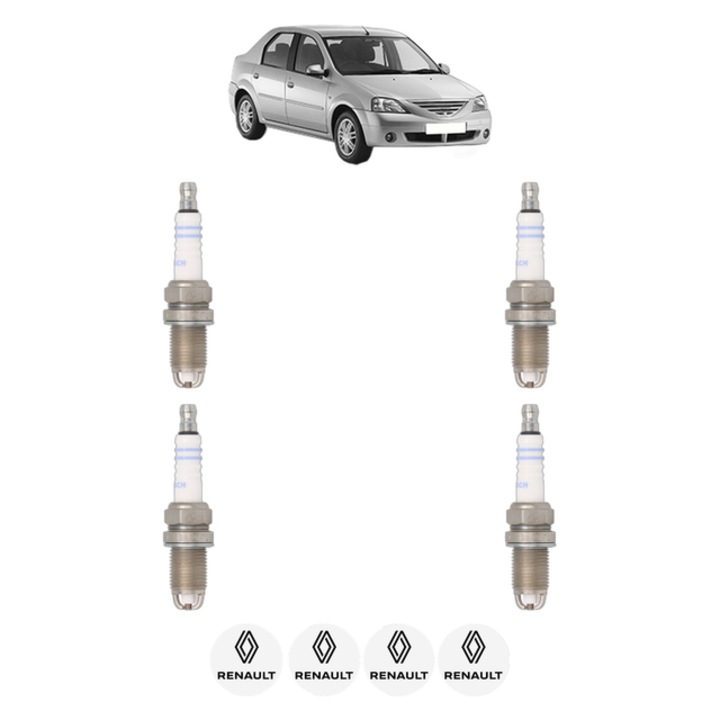 Set 4 Bujii Scanteie RENAULT LOGAN I (LS_) 1.6 87 CP din 2004, bujie motor, Bosch, 4x Stickere auto cu RENAULT