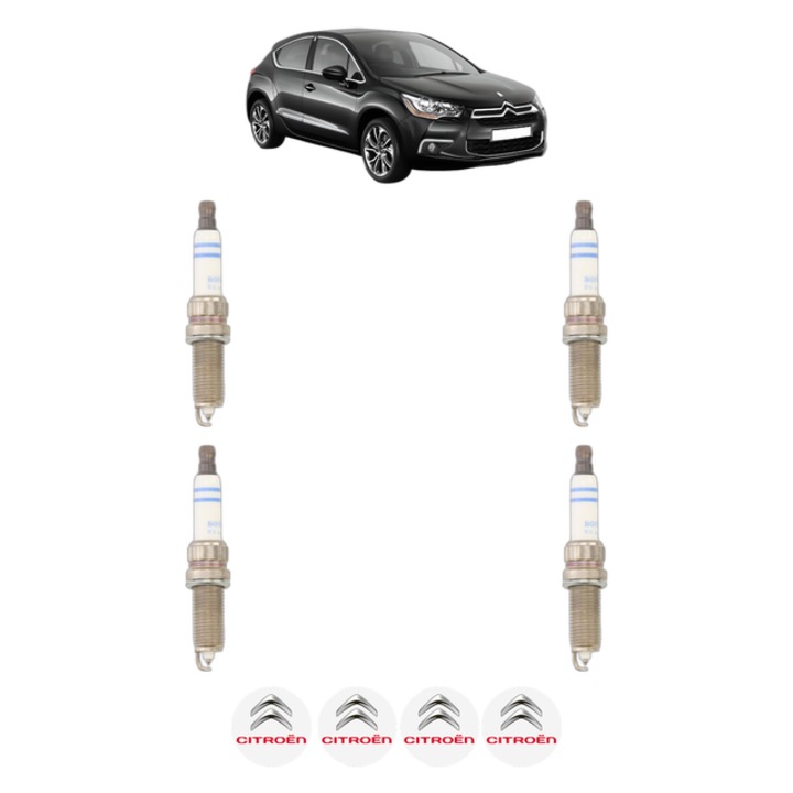 Set 4 Bujii Scanteie CITROEN DS4 (NX_) 1.6 VTi 120 120 CP din 2011 - 2015, bujie motor, Bosch, 4x Stickere auto cu CITROEN