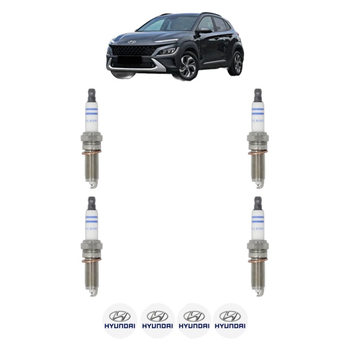 Set 4 Bujii Scanteie HYUNDAI KONA SUV Van (OS, OSE, OSI) 1.0 T-GDi 120 CP din 2017, bujie motor, Bosch, 4x Stickere auto cu HYUNDAI