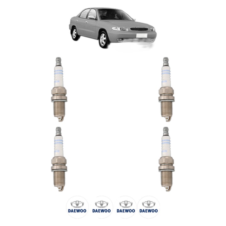 Set 4 Bujii Scanteie DAEWOO NUBIRA Saloon (J100) 1.6 16V 106 CP din 1997 - 1999, bujie motor, Bosch, 4x Stickere auto cu DAEWOO