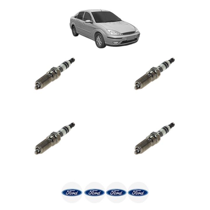 Set 4 Bujii Scanteie FORD FOCUS I Saloon (DFW) 1.6 16V 100 CP din 1999 - 2004, bujie motor, Bosch, 4x Stickere auto cu FORD