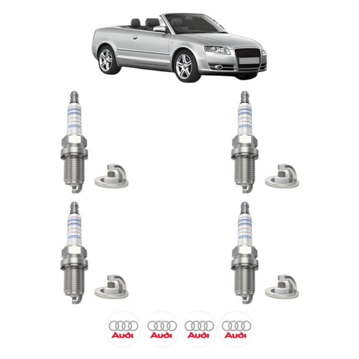Set 4 Bujii Scanteie AUDI A4 B6 Convertible (8H7) 2.0 130 CP din 2004 - 2005, bujie motor, Bosch, 4x Stickere auto cu AUDI