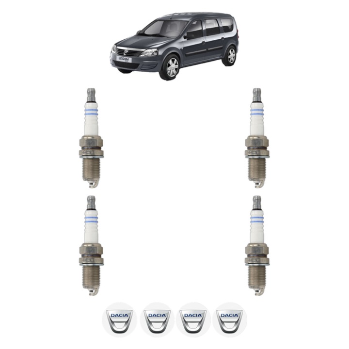 Set 4 Bujii Scanteie DACIA LOGAN MCV (KS_) 1.6 16V Hi-Flex 105 CP din 2009, bujie motor, Bosch, 4x Stickere auto cu DACIA