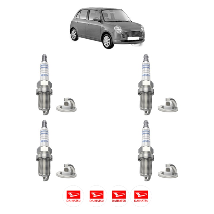Set 4 Bujii Scanteie DAIHATSU TREVIS 1.0 58 CP din 2006, bujie motor, Bosch, 4x Stickere auto cu DAIHATSU