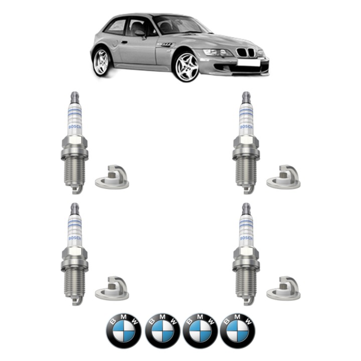 Set 4 Bujii Scanteie BMW Seria Z3 Coupe (E36) M 3.2 239 CP din 1998 - 2000, bujie motor, Bosch, 4x Stickere auto cu BMW