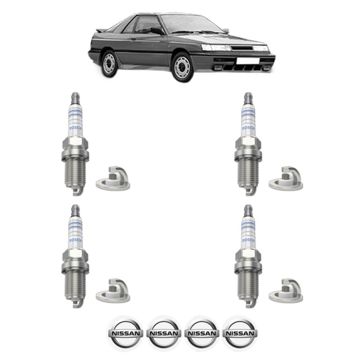 Set 4 Bujii Scanteie NISSAN SUNNY II (N13, B12) 1.6 i 12V 90 CP din 1988 - 1991, bujie motor, Bosch, 4x Stickere auto cu NISSAN