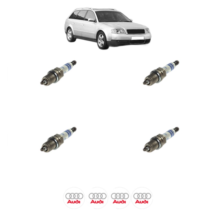 Set 4 Bujii Scanteie AUDI A6 C5 Avant (4B5, 4B6) S6 quattro 340 CP din 1999 - 2005, bujie motor, Bosch, 4x Stickere auto cu AUDI