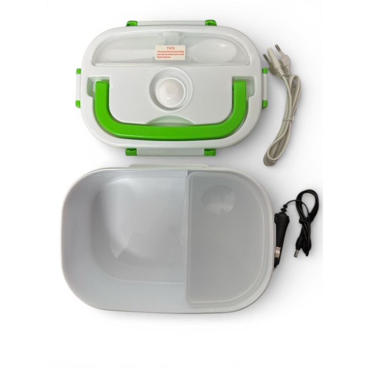 Hordozható elektromos ételhordó, 1.05L, Fehér zölddel, 21x14cm, melegítő funkcióval