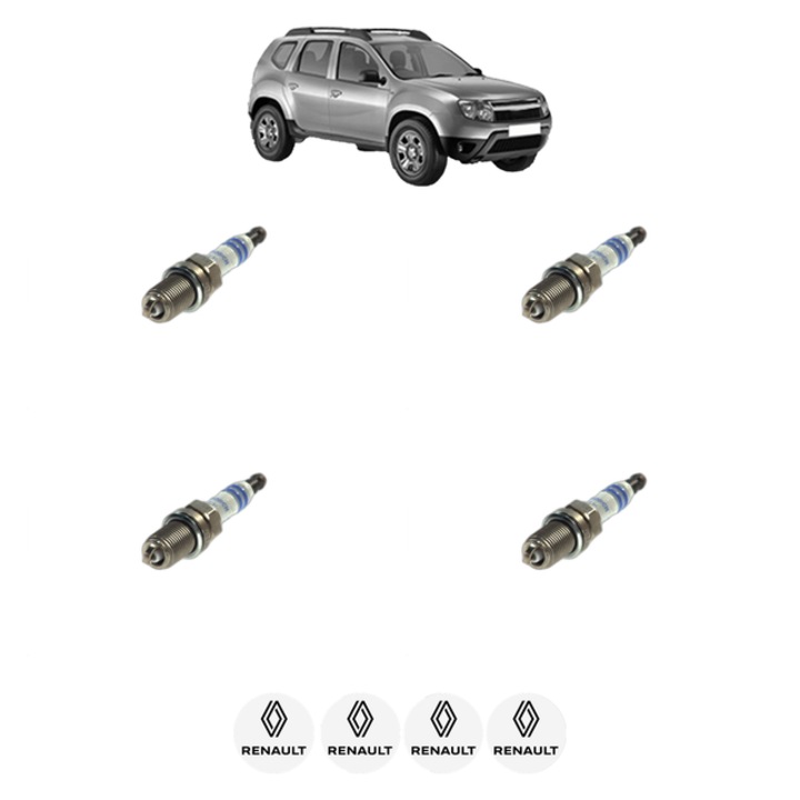 Set 4 Bujii Scanteie RENAULT DUSTER (HS_) 1.6 16V 4x4 102 CP din 2011 - 2015, bujie motor, Bosch, 4x Stickere auto cu RENAULT