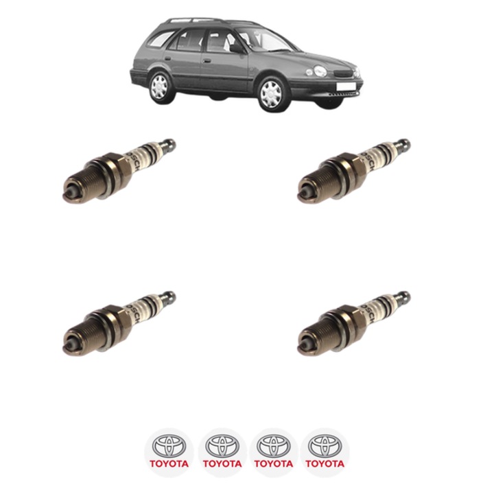 Set 4 Bujii Scanteie TOYOTA COROLLA Estate (_E11_) 1.6 16V (ZZE112_, ZZE112R) 110 CP din 2000 - 2001, bujie motor, Bosch, 4x Stickere auto cu TOYOTA