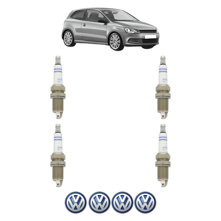 Set 4 Bujii Scanteie Volkswagen POLO V (6R1, 6C1) 1.6 BiFuel 82 CP din 2011 - 2014, bujie motor, Bosch, 4x Stickere auto cu Volkswagen