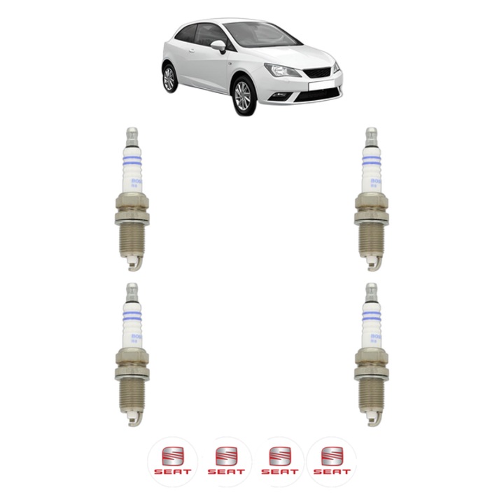 Set 4 Bujii Scanteie SEAT IBIZA IV SC (6J1, 6P5) 1.6 LPG 81 CP din 2011 - 2015, bujie motor, Bosch, 4x Stickere auto cu SEAT