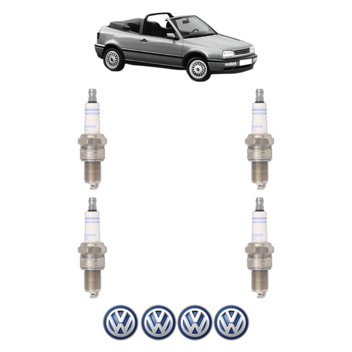 Set 4 Bujii Scanteie Volkswagen GOLF III Cabriolet (1E7) 1.8 75 CP din 1993 - 1998, bujie motor, Bosch, 4x Stickere auto cu Volkswagen