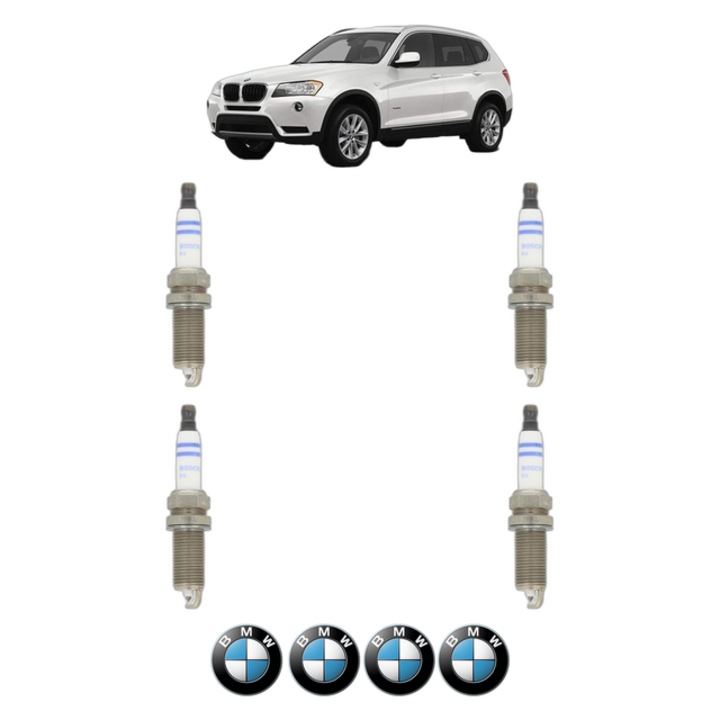 Set 4 Bujii Scanteie BMW Seria X3 (F25) xDrive 28 i 258 CP din 2011 - 2012, bujie motor, Bosch, 4x Stickere auto cu BMW