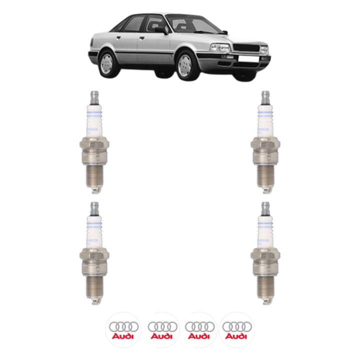 Set 4 Bujii Scanteie AUDI 80 B4 Saloon (8C2) 2.0 E quattro 115 CP din 1991 - 1994, bujie motor, Bosch, 4x Stickere auto cu AUDI