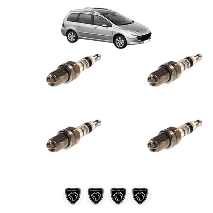 Set 4 Bujii Scanteie PEUGEOT 307 SW (3H) 1.4 75 CP din 2002 - 2003, bujie motor, Bosch, 4x Stickere auto cu PEUGEOT