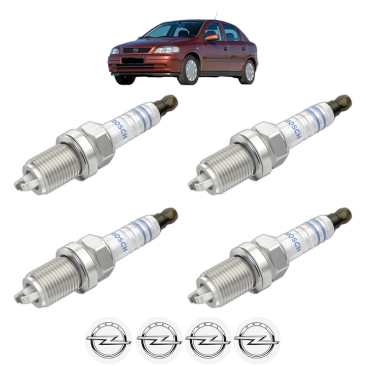 Set 4 Bujii Scanteie OPEL ASTRA G CLASSIC (T98) 1.6 16V (F08, F48) 101 CP din 2004 - 2006, bujie motor, Bosch, 4x Stickere auto cu OPEL